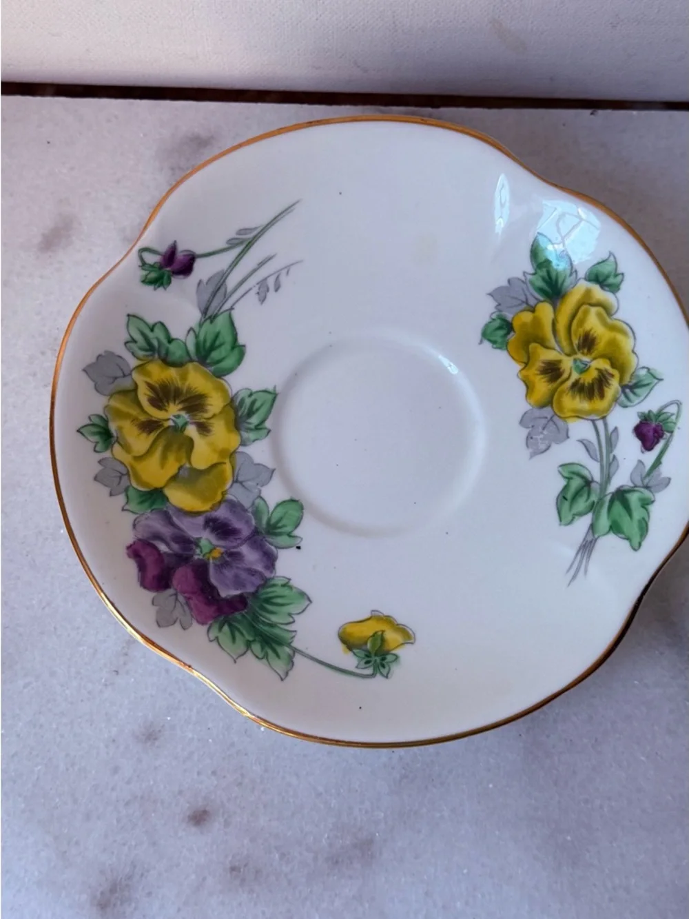 Floral Pansy Teacup and Saucer with Gold Trim